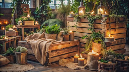 Wall Mural - Rustic, earthy burlap fabric draped over vintage wooden crates, surrounded by lush greenery and soft, warm candlelight ambiance.