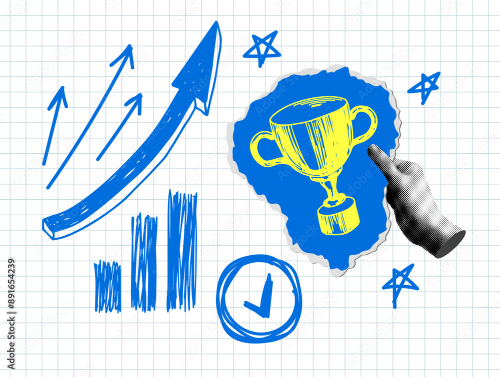 Winner Graph Modern collage with winner cup, sales graph, up arrow, check mark on a ...