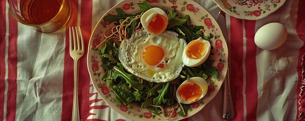 Wall Mural - Healthy breakfast with fried egg, boiled eggs, and salad on a plate with a floral design, paired with a glass of juice and set on a striped cloth.