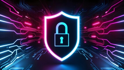 Abstract illustration of cybersecurity, information or network protection concept, technology background with lock and shield