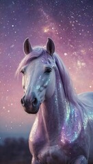 Poster - Lilac unicorn background pastel watercolor sky, glittering stars, bokeh. Holographic fantasy galaxy