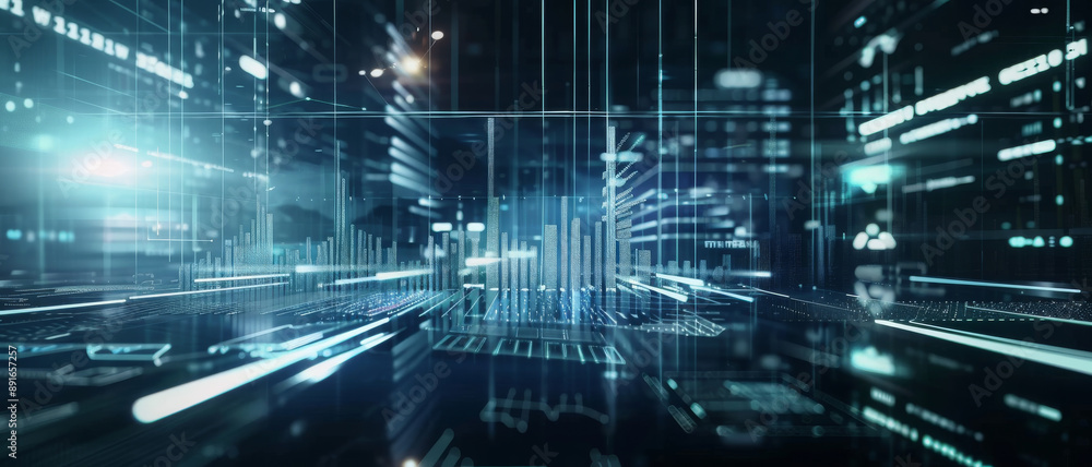 A high-tech data visualization with glowing data streams and intricate digital patterns, set against a dark, futuristic background.