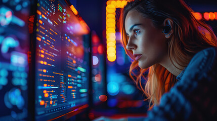 Wall Mural - A woman working on a computer in a high-tech environment, surrounded by screens and digital data.