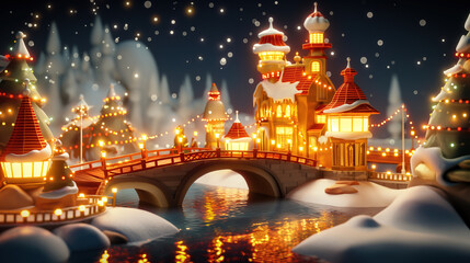 A Christmas decorated castle in cold winter's night with a wooden bridge across a lazy river