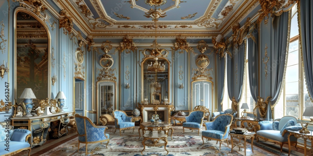 An elegant Rococo-inspired living room featuring a blue and gold color ...