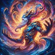 © pajus - A vibrant, swirling fantasy creature in a dynamic, colorful, and mystical digital painting with intricate patterns