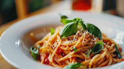 Rustic Vegan Pasta Delight with Tomato Sauce and Fresh Basil Served in White Bowl