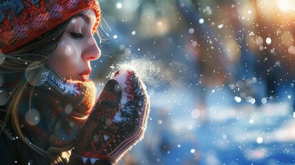 Winter Serenity: Woman Enjoying Frosty Breath in Scenic Snowfall