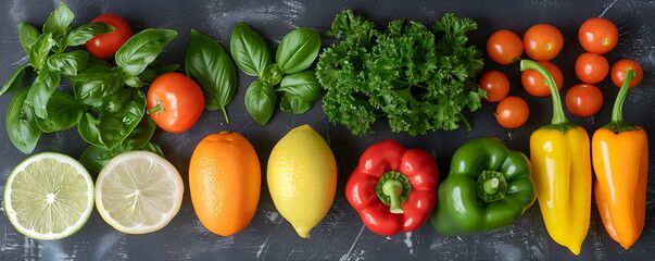 Assorted of fresh organic fruits and vegetables on dark marble surface. Includes lemon, orange, lettuce, tomato, pepper, leafy greens. Banner, flat lay, top view. Organic food, farm to table concept