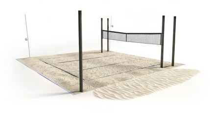 3d Beach Tennis Court With Sand, Net, And Poles Isolated On White Background 3D Illustration. Art supplies isolated on white. Photo realistic photo.