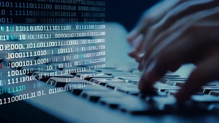 Leinwandbilder - A person is typing on a keyboard with a screen behind them showing a series of numbers. Concept of technology and productivity, as the person is using a computer to complete a task