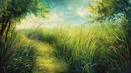 Canvas Print - A gentle breeze flows through a quiet meadow, causing the tall grasses to sway and dance.