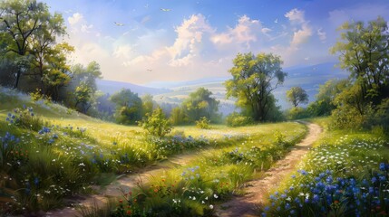 Canvas Print - A gentle breeze stirs the air in a quiet countryside lane, causing the wildflowers to sway and filling the air with their sweet scent.