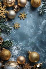 Wall Mural - elegant christmas ornaments and pine branches on a blue textured background, perfect for holiday-the