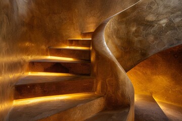 Poster - An opulent spiral staircase bathed in golden light, set against an abstractly designed interior, creating a warm and luxurious ambiance perfect for elegant living spaces.