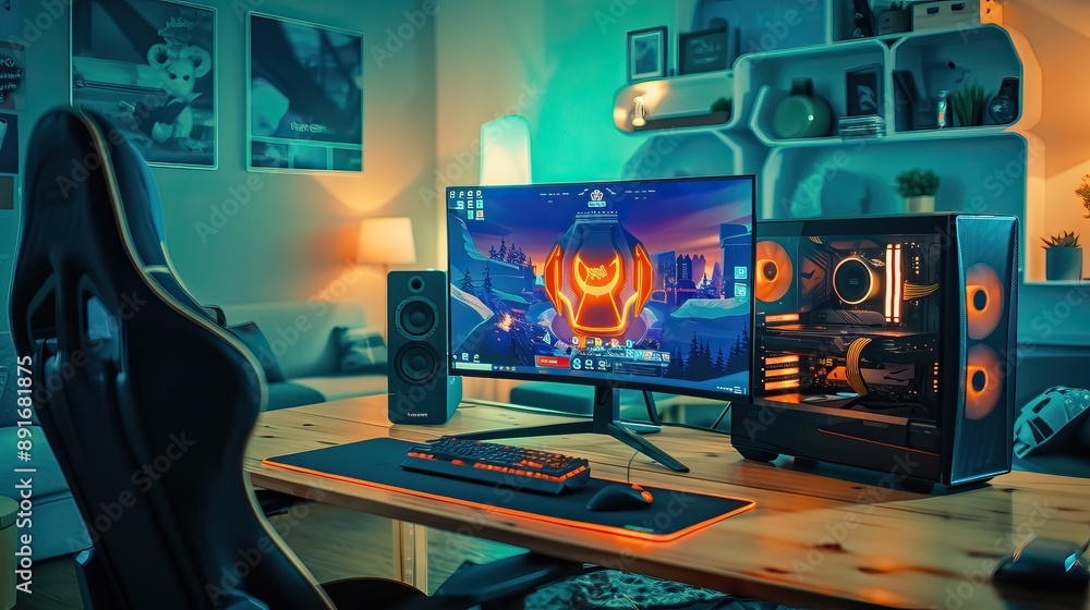 Desktop PC Setup, High End Gaming or Editing Computer with RGB Lights ...