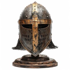 Wall Mural - Medieval knight helmet with cross on display stand, showcasing historic armor craftsmanship.