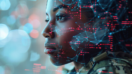 Soldier woman wearing camouflage uniform is analyzing military data with facial recognition software