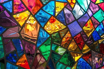 Wall Mural - A vibrant mosaic of stained glass pieces forming a complex geometric pattern. The interplay of light and color creates a dynamic and mesmerizing visual effect.