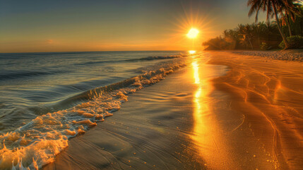 Wall Mural - A photographic scene of a sunrise over the ocean, golden sunlight reflecting on the water, with soft waves washing onto a sandy beach lined with palm trees. Bright and warm color palette