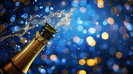 Golden champagne cork flying out of a bottle, glitter and bubbles exploding in celebration against a blue bokeh-lit background