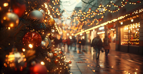 Wall Mural - A Christmas tree with many ornaments is lit up