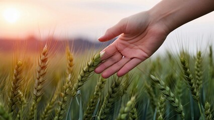 Hand Touching Wheat stalks in Field at Sunset.. Symbolizing agriculture, nature, and the harvest season.