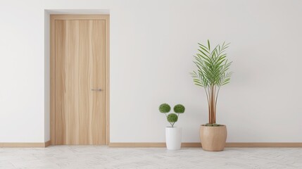 Wall Mural - A white door with a wooden frame stands in front of a white wall