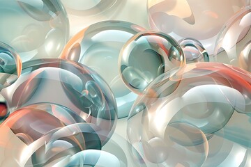 Wall Mural - An abstract design of overlapping, transparent spheres in varying sizes and colors. The spheres create a sense of depth and motion, with reflections and shadows enhancing the visual complexity.