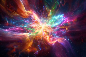 Wall Mural - An abstract representation of a supernova explosion, radiant energy bursts, swirling particles, vibrant colors, intricate patterns, and a backdrop of deep space darkness.