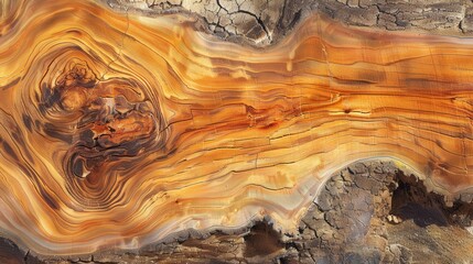 A close-up shot captures the intricate grain patterns of a tree trunk, revealing a fascinating interplay of light and dark brown hues