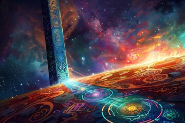 Wall Mural - An abstract vector of a space elevator rising above a planetary surface, intricate designs, glowing pathways, vibrant colors, and a backdrop of a distant galaxy, deep shadows.