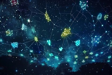 Wall Mural - An enchanting night sky filled with constellations made of educational symbols, glowing brightly against the dark background, with digital lines connecting them in a web of knowledge.