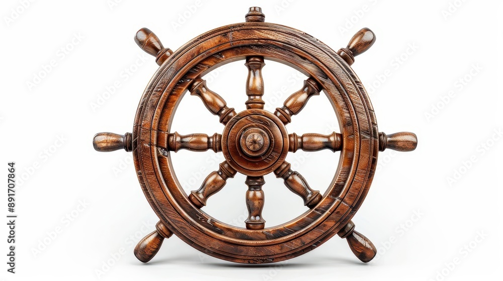 Vintage wooden ship steering wheel isolated on white background, ideal ...