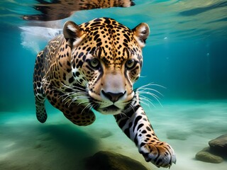 Jaguar in the water. Wildlife scene from a nature.