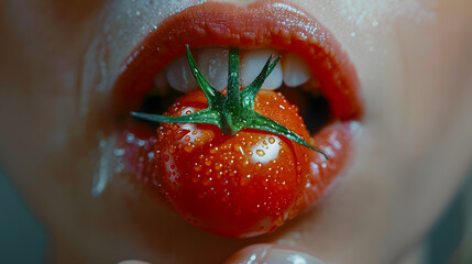 Wall Mural - Beautiful female mouth holds a delicious cherry tomato with small drops of water. Close-up, for vegetable advertising