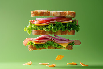 exploded view of a multi layered sandwich with fresh ingredients on a green background, food ad