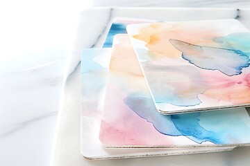 Coasters featuring abstract watercolor designs, soft and fluid colors blending together, set on a white marble table with minimalistic and artistic surroundings