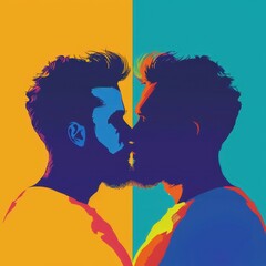 Wall Mural - two men kissing in front of a colorful background