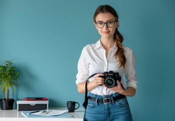 attractive female manager in her late thirties, wearing glasses and smart casual attire