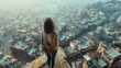 © Johannes - casual solo traveller female woman standing on the hill look over aerial topview of old famous attraction city travel concept carefree leisure freedom concept