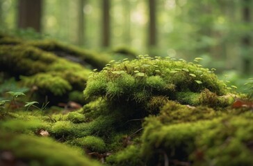 Wall Mural - Close-up of mossy forest floor with small green plants peeking out creating sense of depth