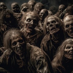 Wall Mural - Terrifying horde of realistic zombies in apocalyptic setting