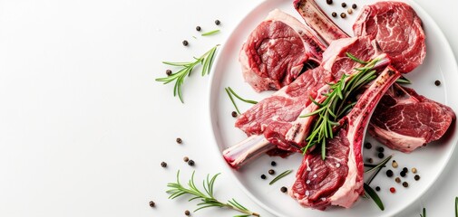 Fresh raw meat displayed on a white plate with herbs and spices, ideal for culinary and food photography.