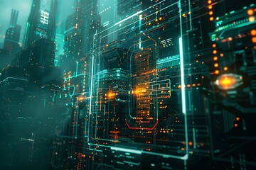 Wall Mural - Futuristic cityscape with neon-lit buildings, reflected in a glass frame. Dark, moody background with glowing elements. Intricate architectural details. Cyberpunk aesthetic.