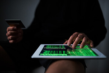 Hacker, hands or tablet at night with credit card, online scam or programming for theft. Man, cyber crime or operating system on tech for black market sale, fake bank details or fraud activity on net