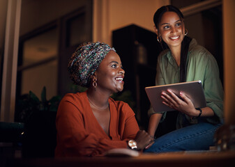 Poster - Business women, working late and collaboration in office with pointing at computer screen. Female people, partner and teamwork for deadline, project or editing as online content creator for diversity