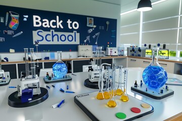 A science classroom with experiments set up, a 