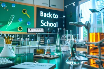 A science classroom with experiments set up, a 