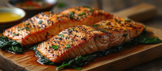 Poster - Grilled Salmon with Spinach on a Wooden Board